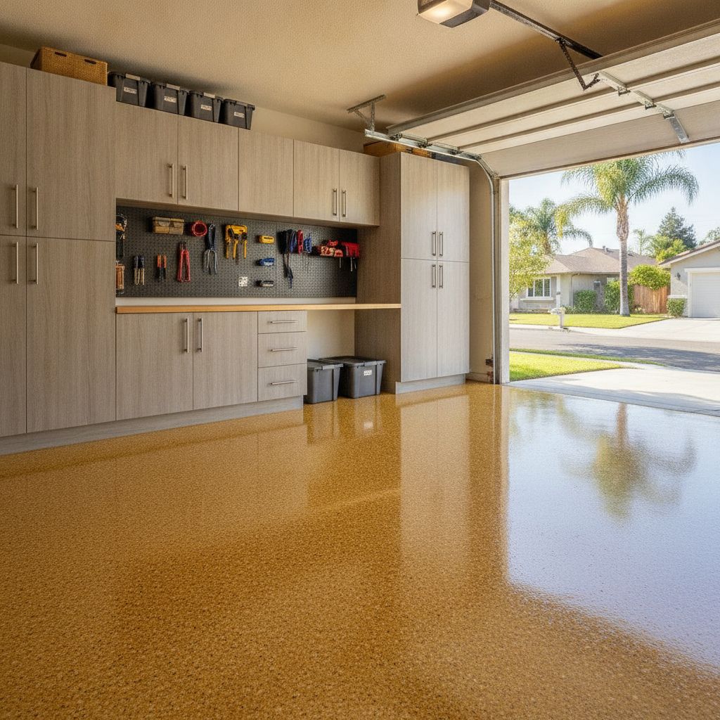 Glossy polyurea-coated garage floor with decorative flake finish